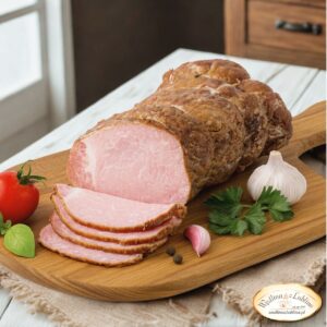 Polędwica kresowa Wędlina z Lublina – soczysta, wędzona wędlina w plastrach na drewnianej desce obok czosnku i pomidora.