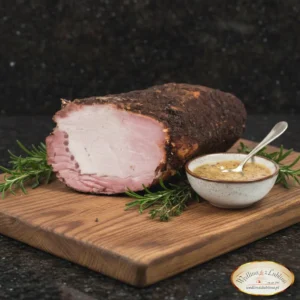 Polędwica Staromiejska pieczona w przyprawach marki Wędlina z Lublina na drewnianej desce z rozmarynem i musztardą