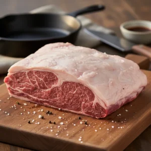 Świeży mostek wołowy marki Wędlina z Lublina na drewnianej desce, z widocznym marmurkowaniem mięsa i grubą warstwą tłuszczu, w otoczeniu soli i pieprzu.