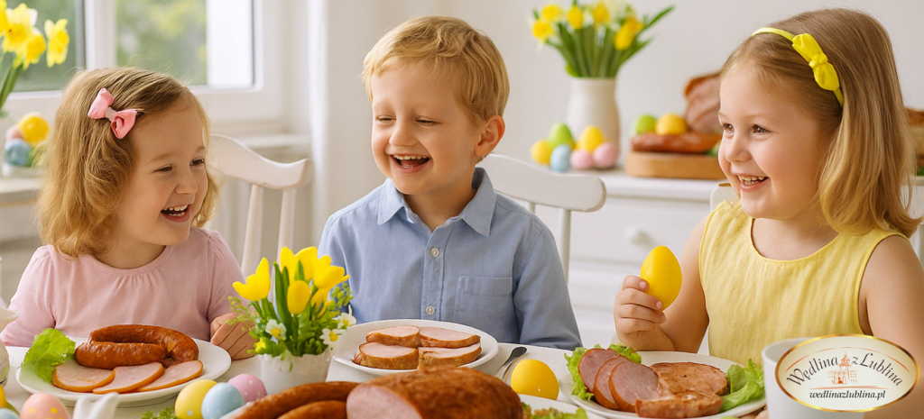 Dzieci jedzące świąteczny obiad z tradycyjnymi daniami