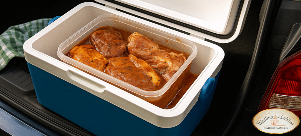Lodówka turystyczna z mięsem w bagażniku samochodu przed wyjazdem na grill