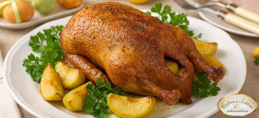 Złocista kaczka z chrupiącą skórką i pieczonymi jabłkami