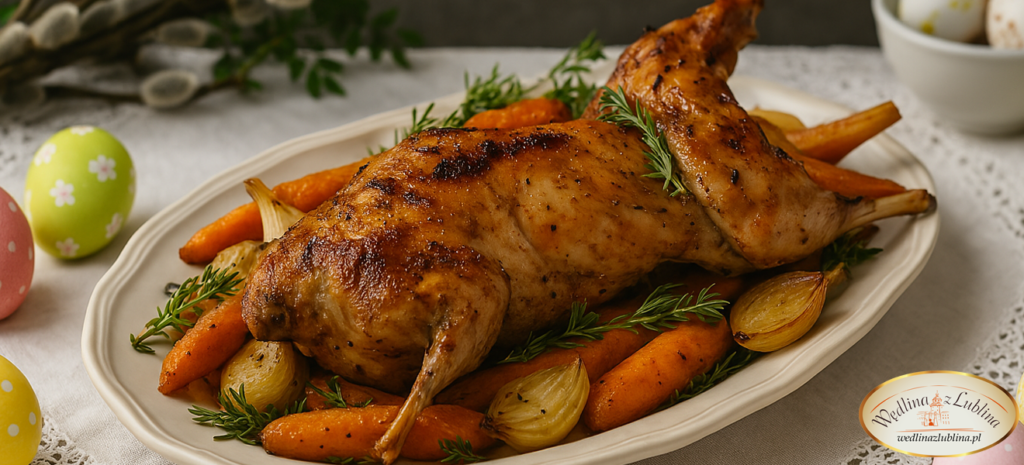 Królik pieczony po staropolsku podany na wielkanocnym stole