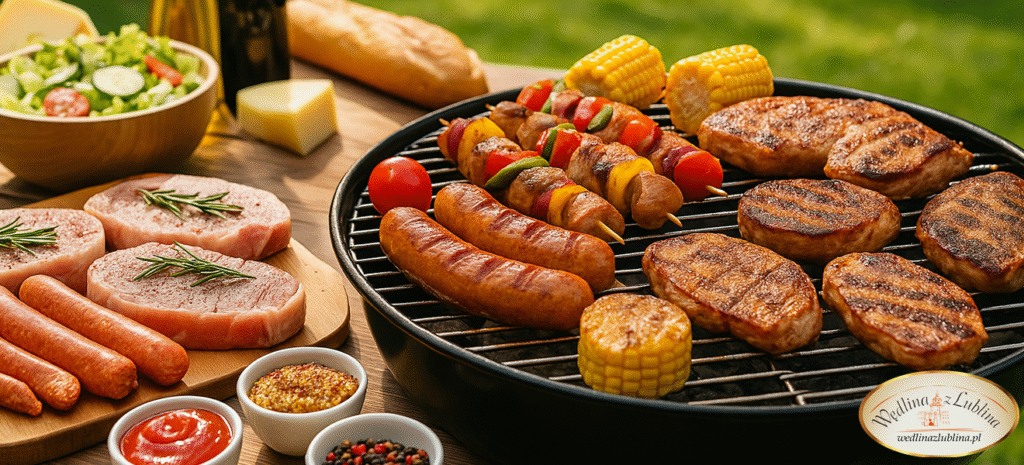Grill ogrodowy przygotowany na majówkę z różnymi rodzajami mięsa