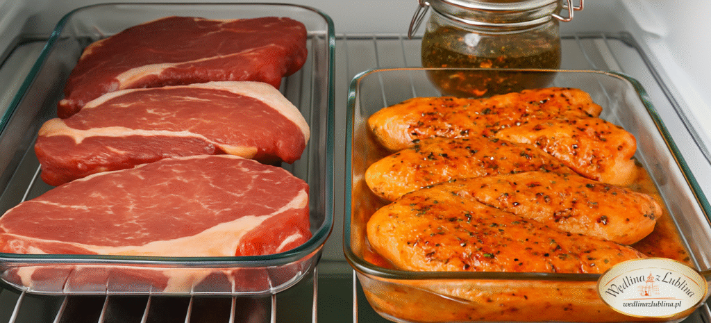 Marynowane mięso i świeże kawałki przygotowane do grilla