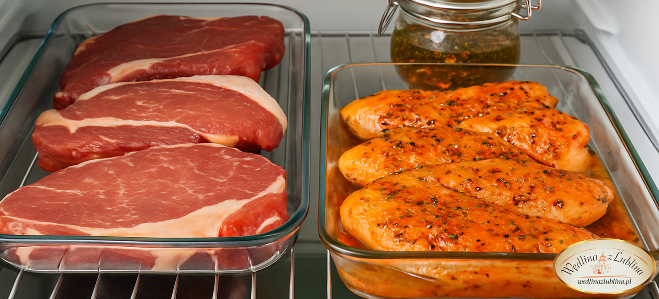 Marynowane mięso i świeże kawałki przygotowane do grilla