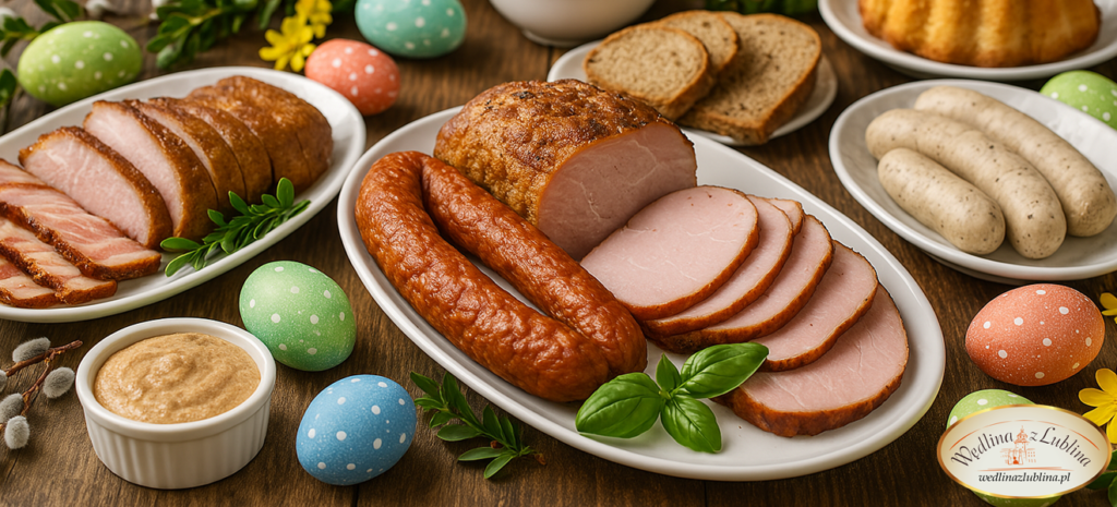 Świąteczny stół wielkanocny z tradycyjnymi wędlinami i ozdobami