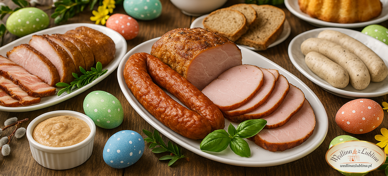 Świąteczny stół wielkanocny z tradycyjnymi wędlinami i ozdobami