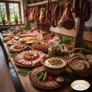 Duży wybór wędlin Wędlina z Lublina na drewnianym stole, w tym szynki, kiełbasy, smalec z chlebem i słoik ogórków kiszonych.