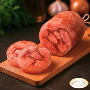 Wołowina w galarecie na drewnianej desce, zioła, oliwa, czosnek i cebula w tle, ciemne tło