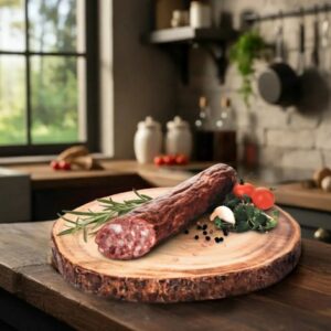 Tradycyjna kiełbasa tatrzańska z dzika na drewnianej desce – Wędlina z Lublina.