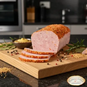 Pieczeń rzymska Wędlina z Lublina na drewnianej desce z przyprawami i musztardą.