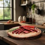Kabanosy z jelenia i dzika na drewnianej desce z rozmarynem i papryczką chili w rustykalnej kuchni.