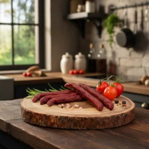 Kabanosy z dziczyzny na drewnianym plastrze w rustykalnej kuchni z widokiem na las. Świeże pomidorki, rozmaryn i przyprawy. Sklep wedlinazlublina.pl.