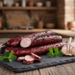 Ciemna, wędzona kiełbasa ułożona na czarnej, kamiennej płycie. Obok leżą plasterki kiełbasy, świeże gałązki majeranku i ząbki czosnku. Całość znajduje się na starym drewnianym stole w rustykalnej, ciepłej kuchni z ceglanymi elementami w tle.