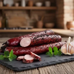 Ciemna, wędzona kiełbasa ułożona na czarnej, kamiennej płycie. Obok leżą plasterki kiełbasy, świeże gałązki majeranku i ząbki czosnku. Całość znajduje się na starym drewnianym stole w rustykalnej, ciepłej kuchni z ceglanymi elementami w tle.