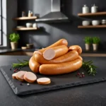 Kiełbasa parówkowa Dobrowolscy ułożona w stos na czarnej kamiennej płycie. Obok znajdują się plasterki wędliny, świeży rozmaryn oraz ziarna kolorowego pieprzu. W tle nowoczesna, ciemna kuchnia
