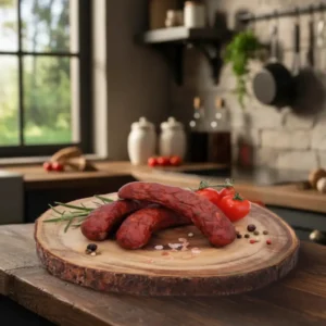 Tradycyjna kiełbasa z dzika ułożona na drewnianym plastrze w rustykalnej kuchni z widokiem na las, obok świeżych pomidorków i przypraw.