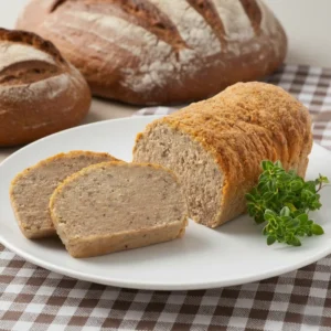 Pieczony pasztet z szynki Bracia Dobrowolscy na białym talerzu, granitowy blat kuchenny i piekarnik w tle.