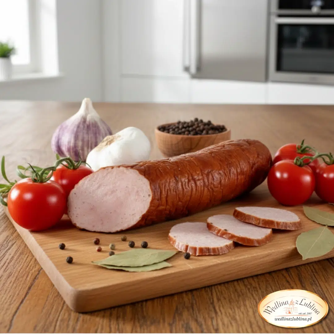 Rogal krakowski Bracia Dobrowolscy na desce w kuchni – pieczona wędlina z gałką muszkatołową.