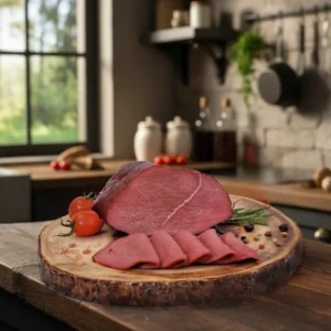 Wędzona szynka z jelenia marki Provincia podana na drewnianym plastrze drewna z pomidorkami koktajlowymi, rozmarynem i kolorowym pieprzem. Widoczny przekrój chudego, ciemnego mięsa i cienkie plastry.