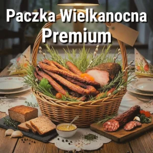 Wielkanocna paczka prezentowa Premium z wędlinami, pieczonym mięsem i pieczywem w wiklinowym koszu na wielkanocnym stole.