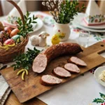 Tradycyjna kiełbasa koszyczkowa marki Wędlina z Lublina, serwowana na drewnianej desce na bogato zdobionym stole wielkanocnym z pisankami i baziami.